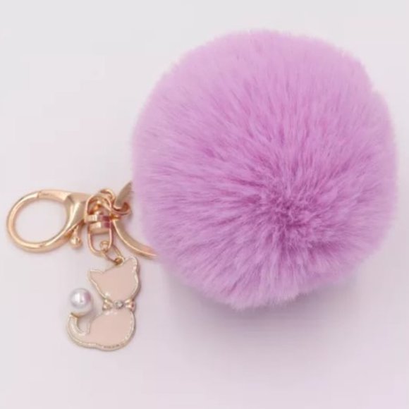 TT-Rabbit Faux Fur Ball Key Chain / Purse Accessory with Cat - Lilac - Picture 1 of 2